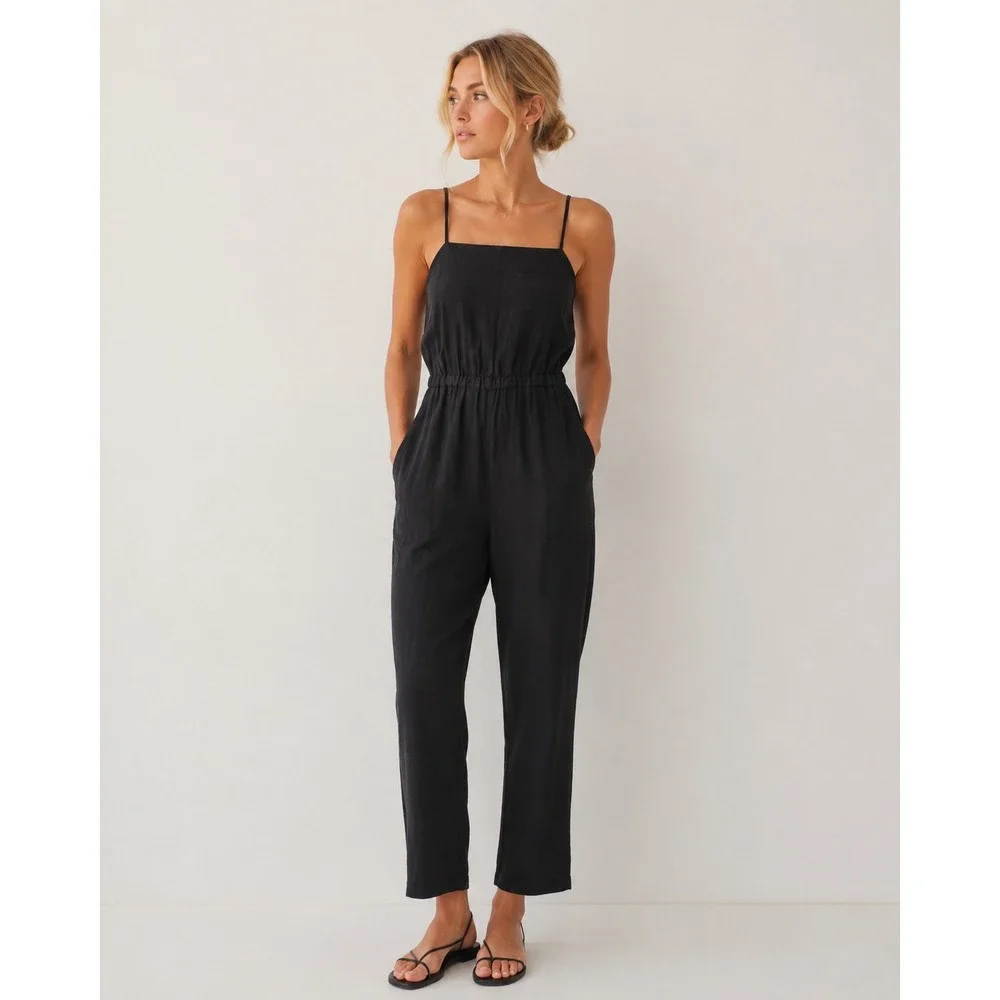 NWT Everlane 100% Linen The Shoestring Apron Jumpsuit‎ Black XXS Sustainable